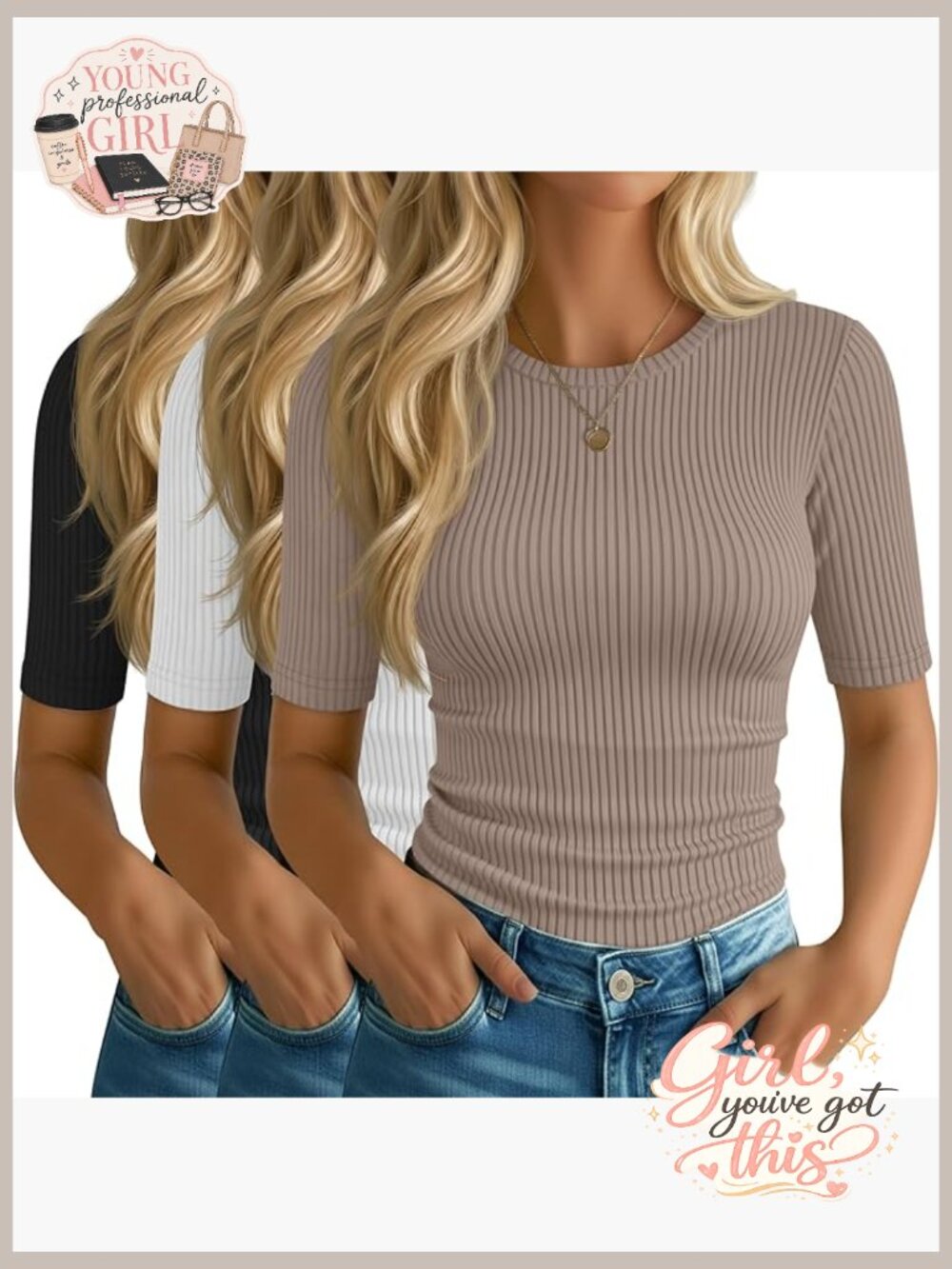 3 Pack Women's Elbow Length Ribbed Cotton T Shirt Crew Neck Slim Fit Casual
